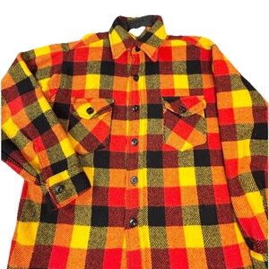 Vintage 70s Frostproof Flannel Shirt Mens 16 Large Orange Yellow Black Plaid